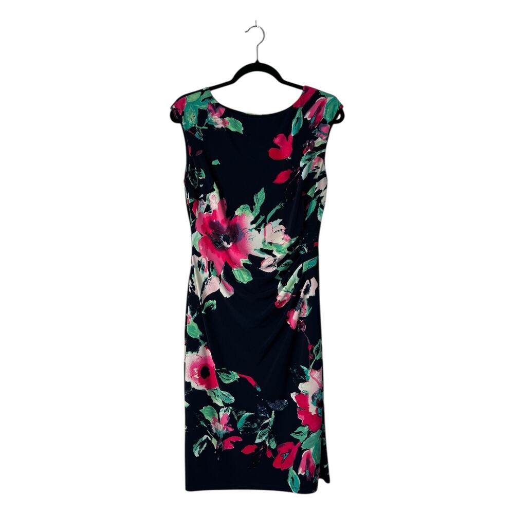 Lauren Ralph Lauren Navy‎ Floral Ruched Sheath Dress Size 8 Sleeveless Career